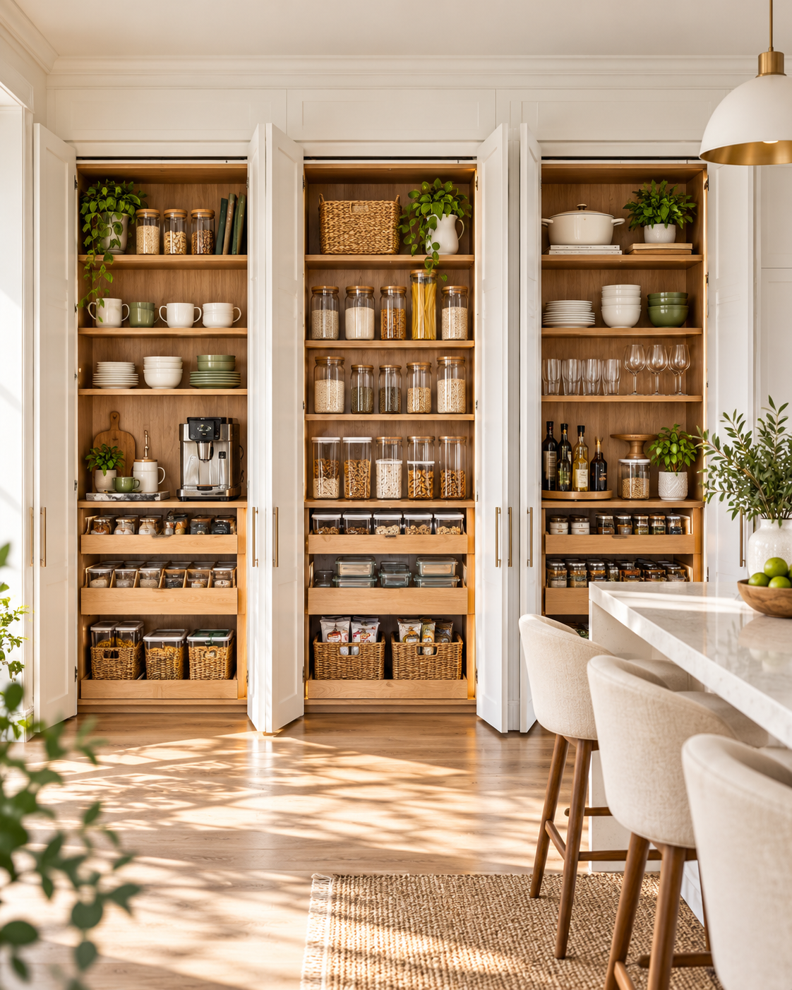 Neatly organized modern kitchen pantry with practical storage shelves